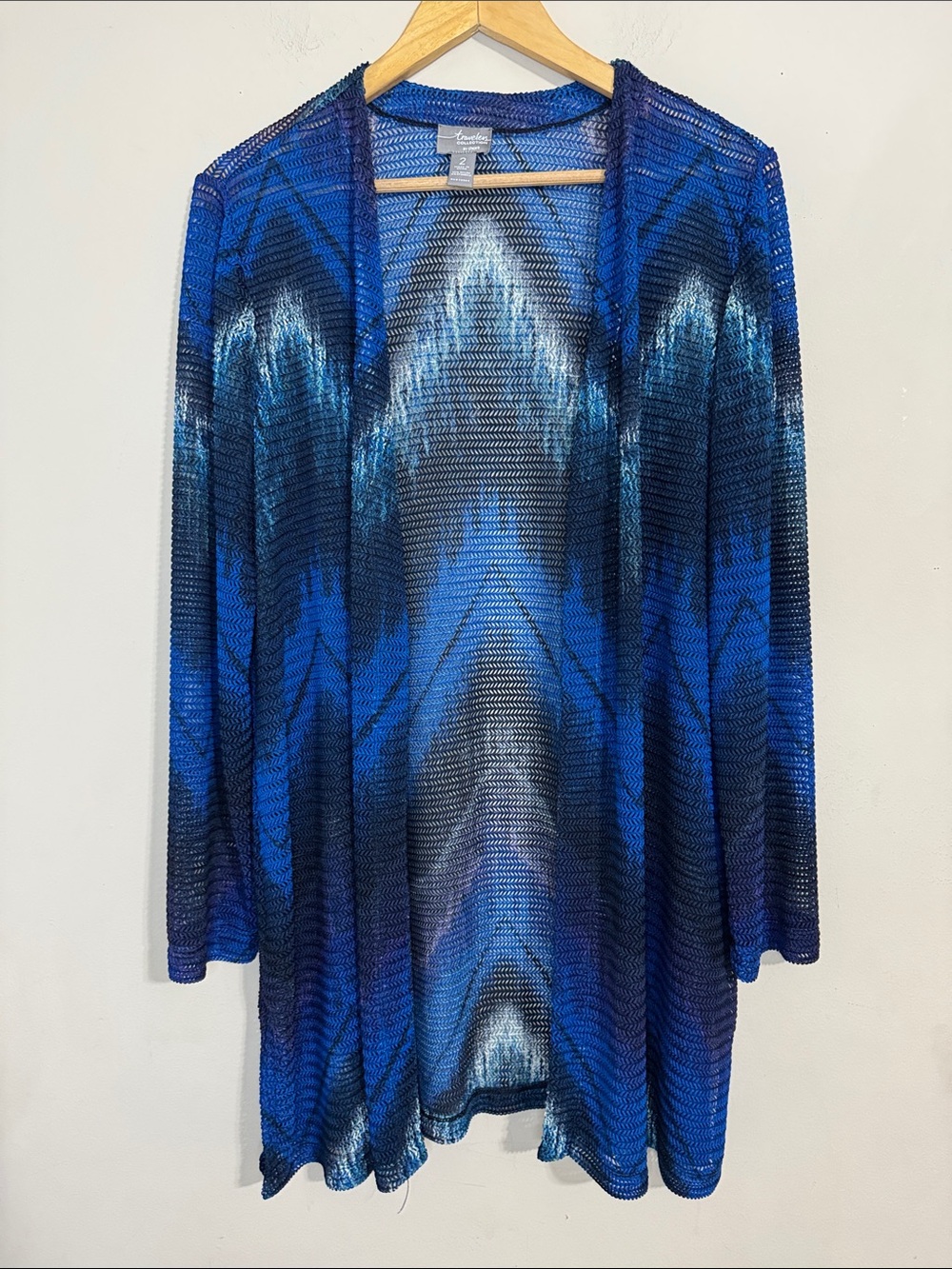 Chico's Travelers Blue Ombre Mesh Knit Open-Front Longline Cardigan size Large